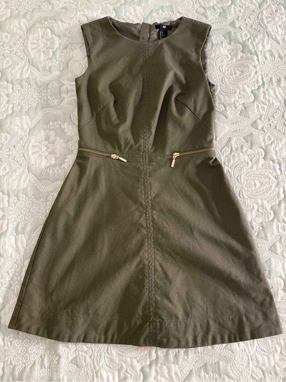 H&M Olive Green Sleeveless A-Line Dress with Gold Zippers